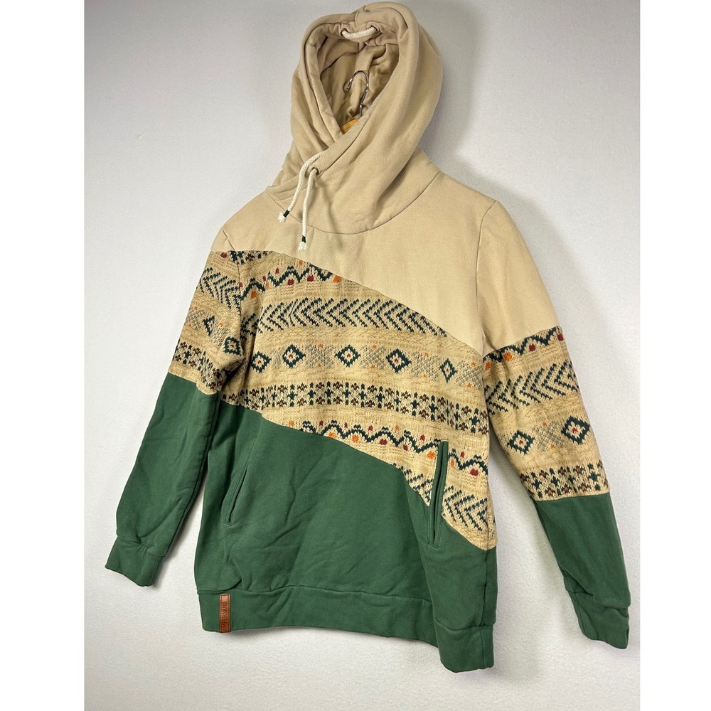 Southwestern Boho Ampersand Avenue Women XL Green Tan Fair Isle Cowl Neck Hoodie